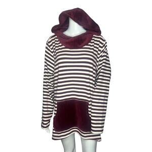 Denim & Co Hoodie Women 2X Burgundy Striped Velour Trim Long Sleeve Tunic Pocket